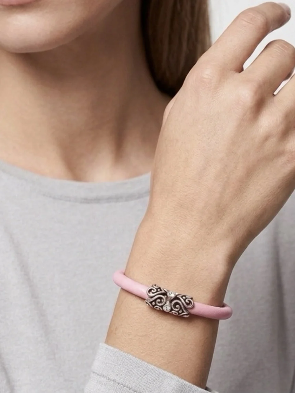 Brighton Pink Leather Woodstock Bracelet with Silver Filigree Accent